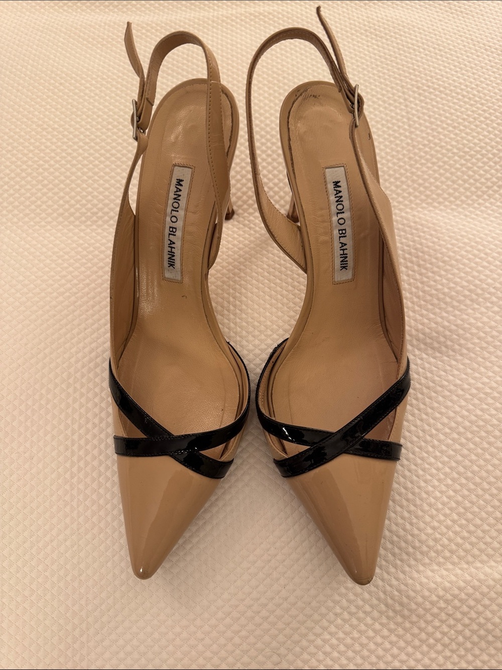Manolo Blahnik Beige and Black Patent Slingback Pumps